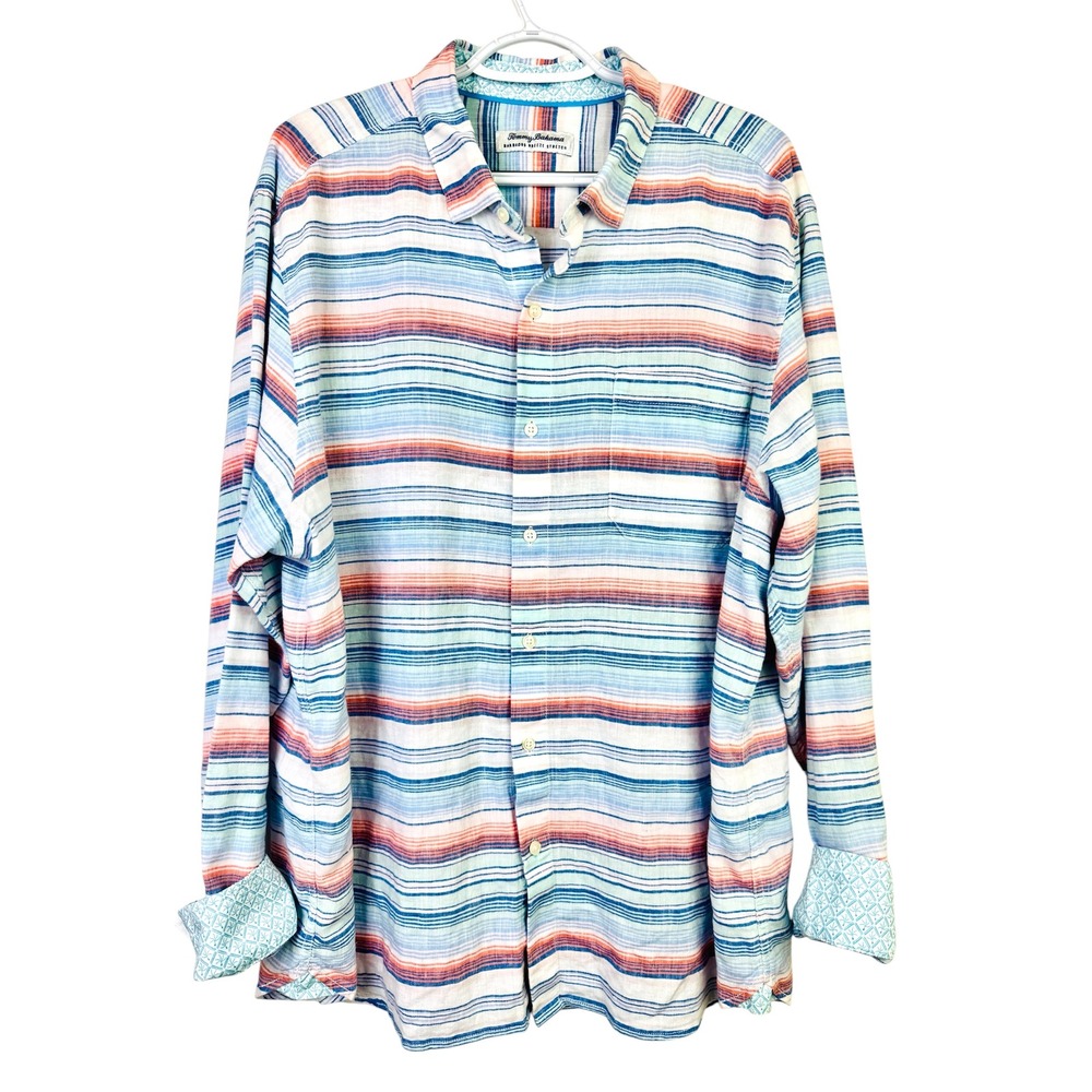 Tommy‎ Bahama Barbados Breeze Stretch Mens XL Linen Blend Striped Shirt Multi